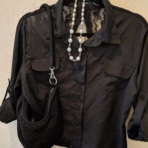 Open Back, Black, Button Up Blouse